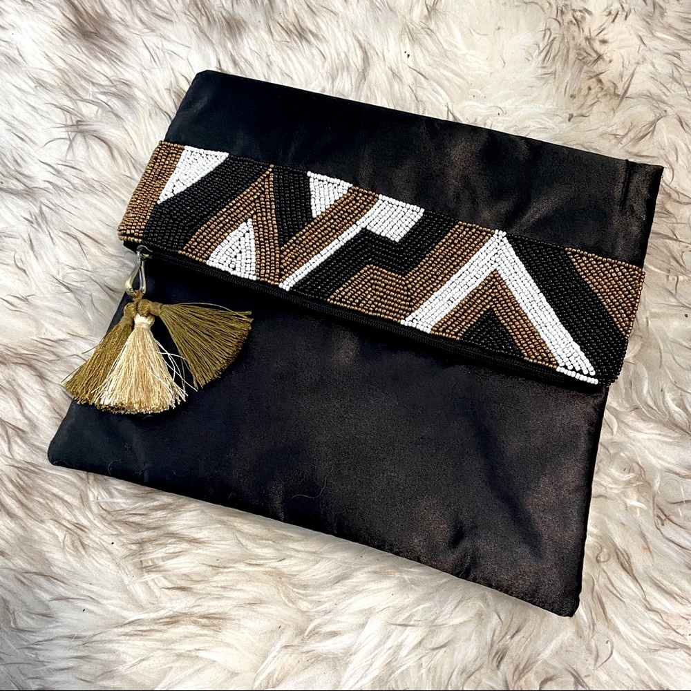 NWOT Silky Black Beaded Clutch with Tassel and Magnet Clasp Embellished